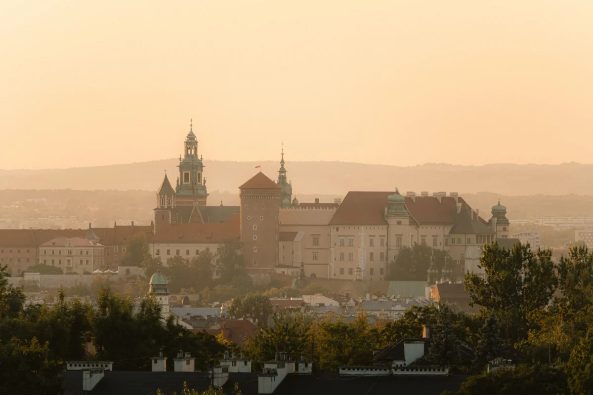 Romantic sunset view of Wawel Castle in Krakow