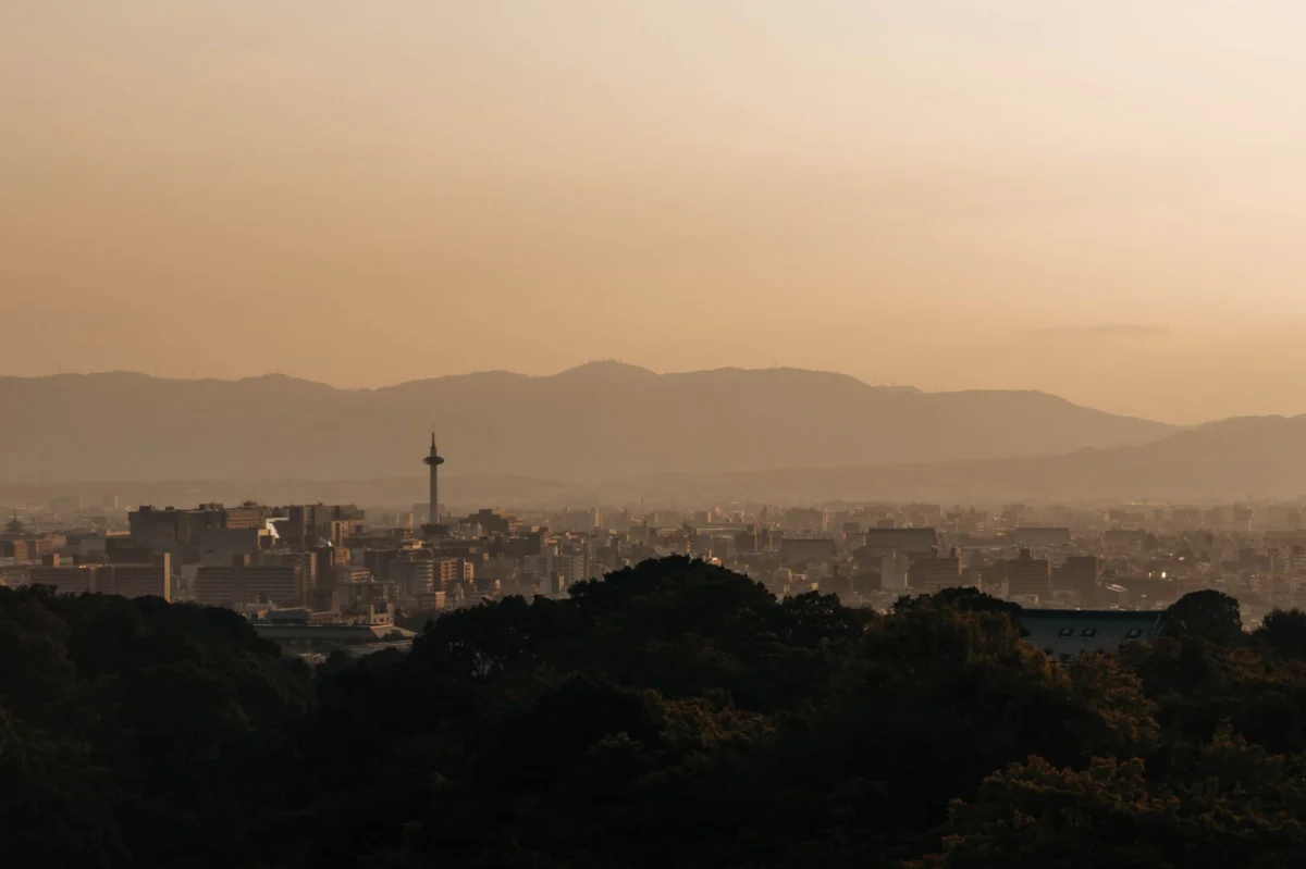 Kyoto skyline at dusk with romantic lights