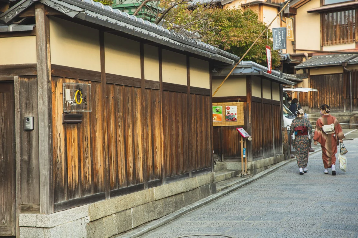 Traditional Kyoto street with historical houses and lanterns