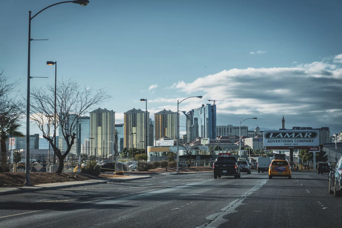 The downtown skyline of Las Vegas with distinctive architecture
