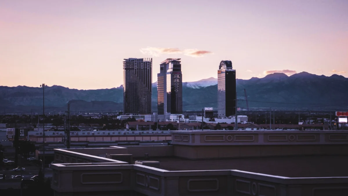 Romantic evening view of Las Vegas skyline, showcasing city lights