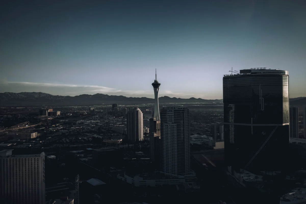 The romantic skyline of Las Vegas at dusk