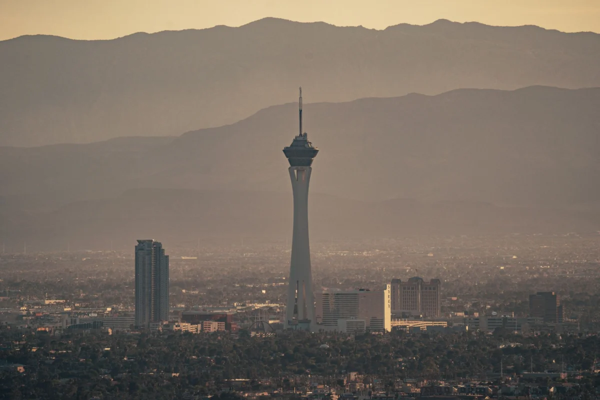 Panoramic view of the Las Vegas skyline at sunset