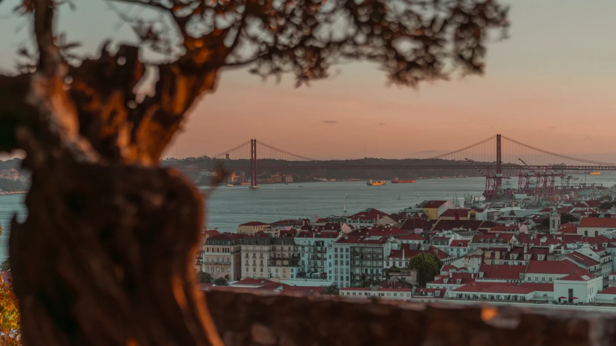 Iconic Lisbon skyline at sunset with historic architecture