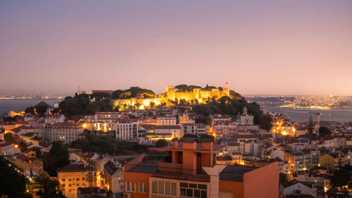 Romantic view of Lisbon skyline with soft evening light