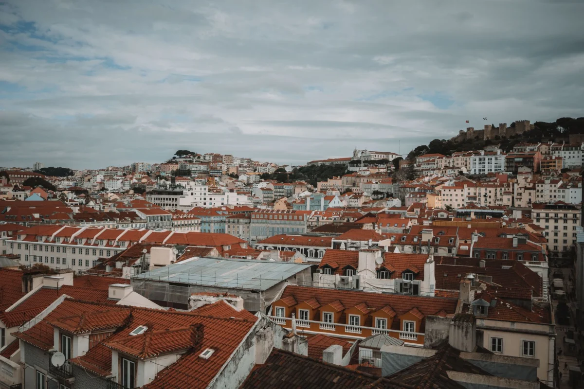 Romantic Lisbon sunset view over rooftops