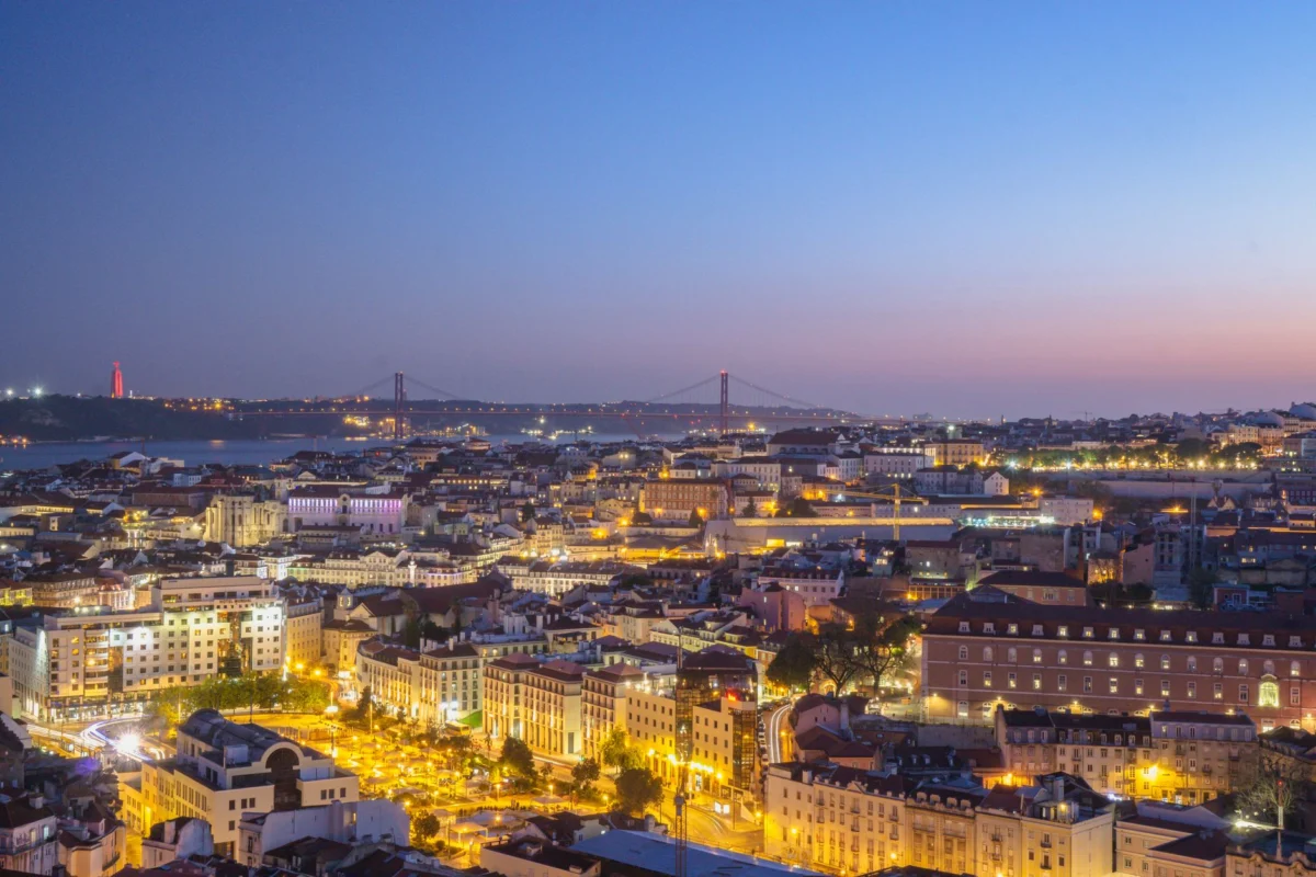 Panoramic view of Lisbon's skyline at sunset from a popular viewpoint