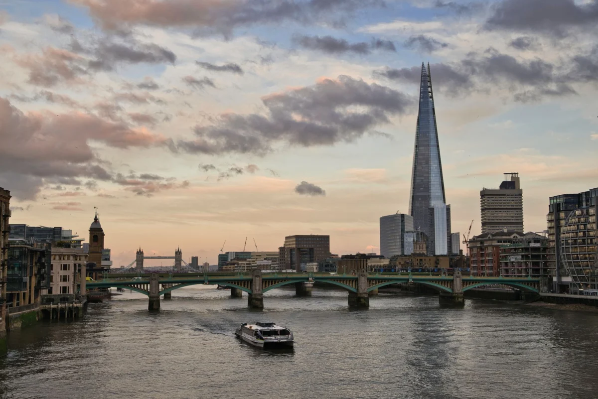 London skyline at sunset with iconic landmarks