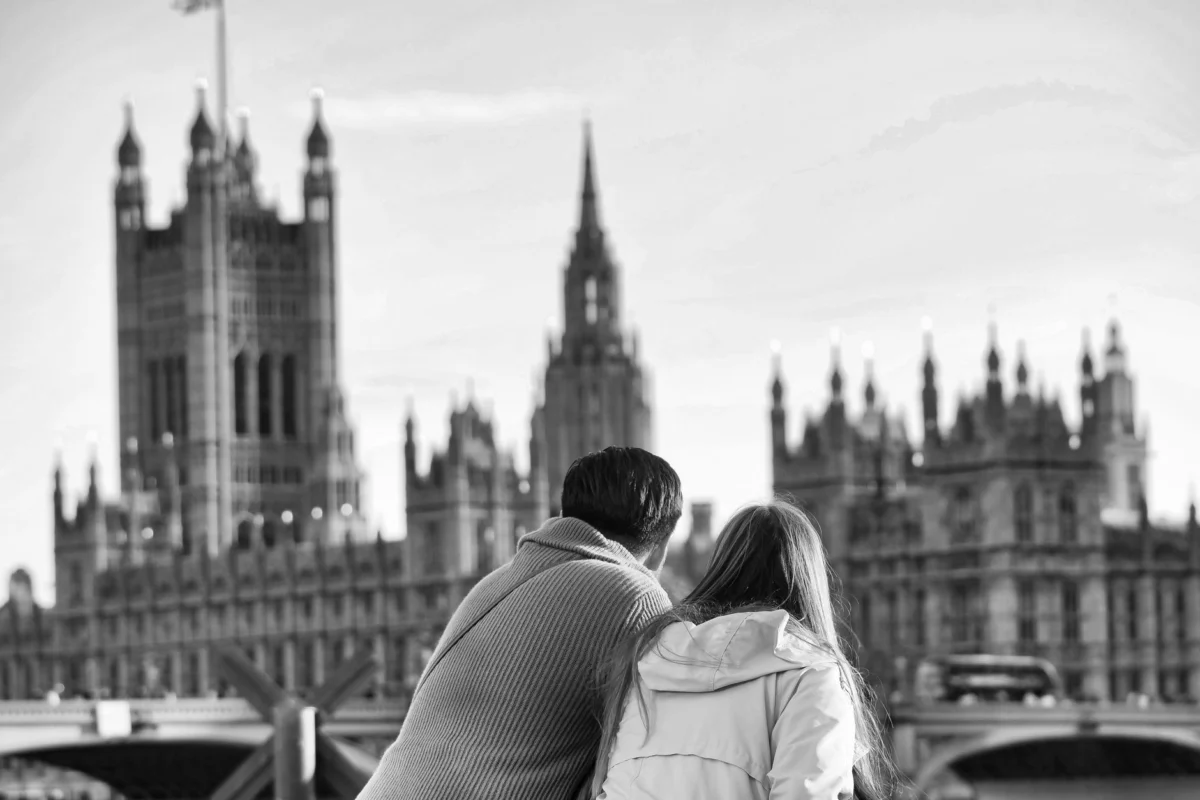 London skyline with a romantic evening glow, perfect for couples