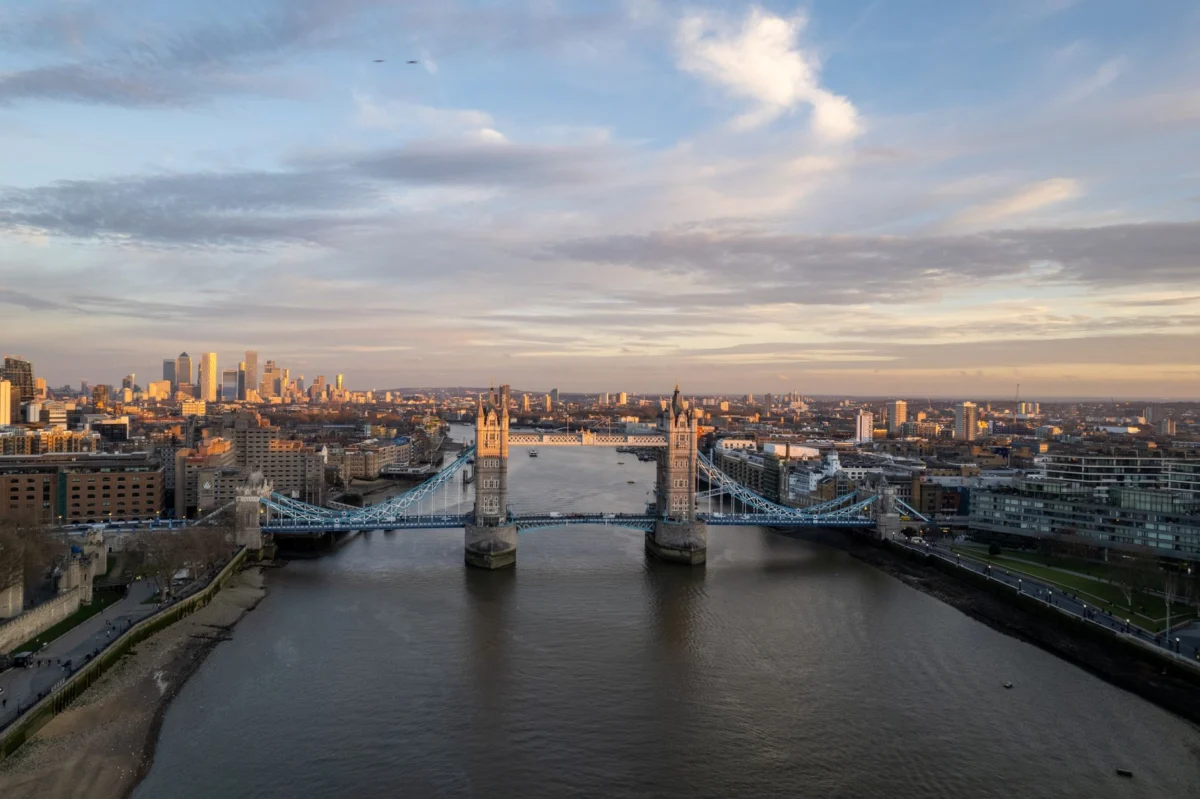 A picturesque view of the London skyline at dusk with iconic landmarks