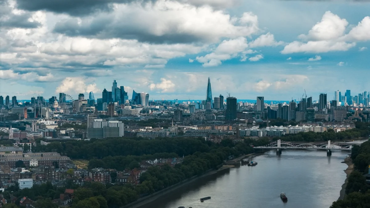 View of London's skyline with iconic landmarks along the Thames