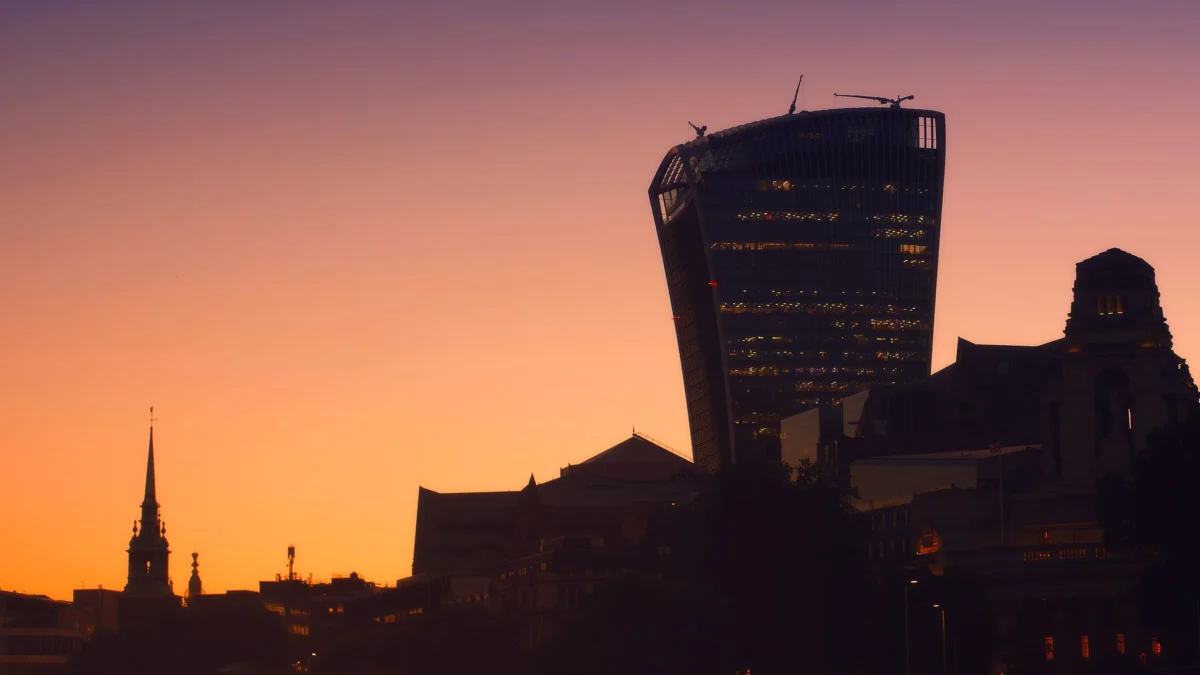 London skyline at sunset showcasing iconic landmarks
