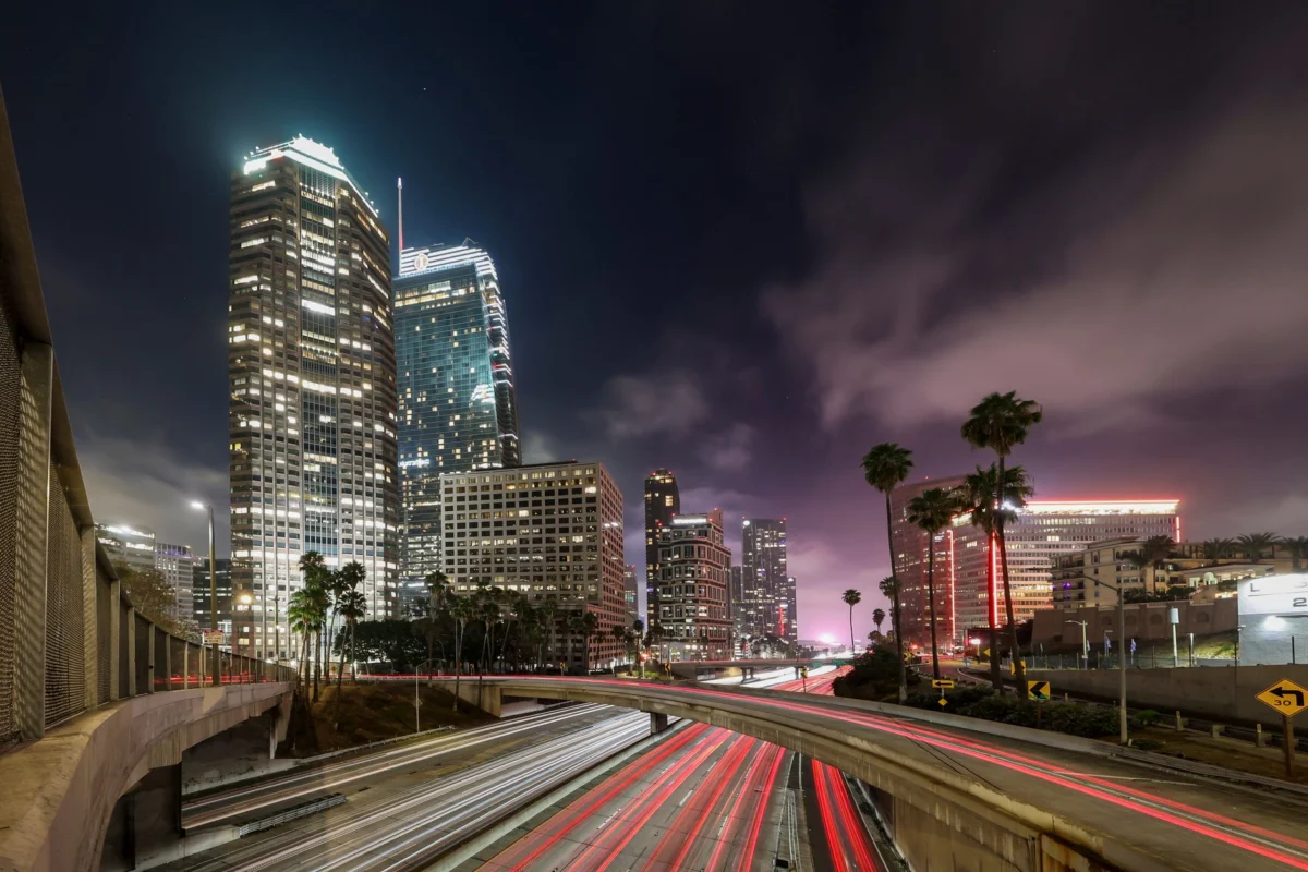 Aerial view of the Los Angeles skyline showcasing the iconic city