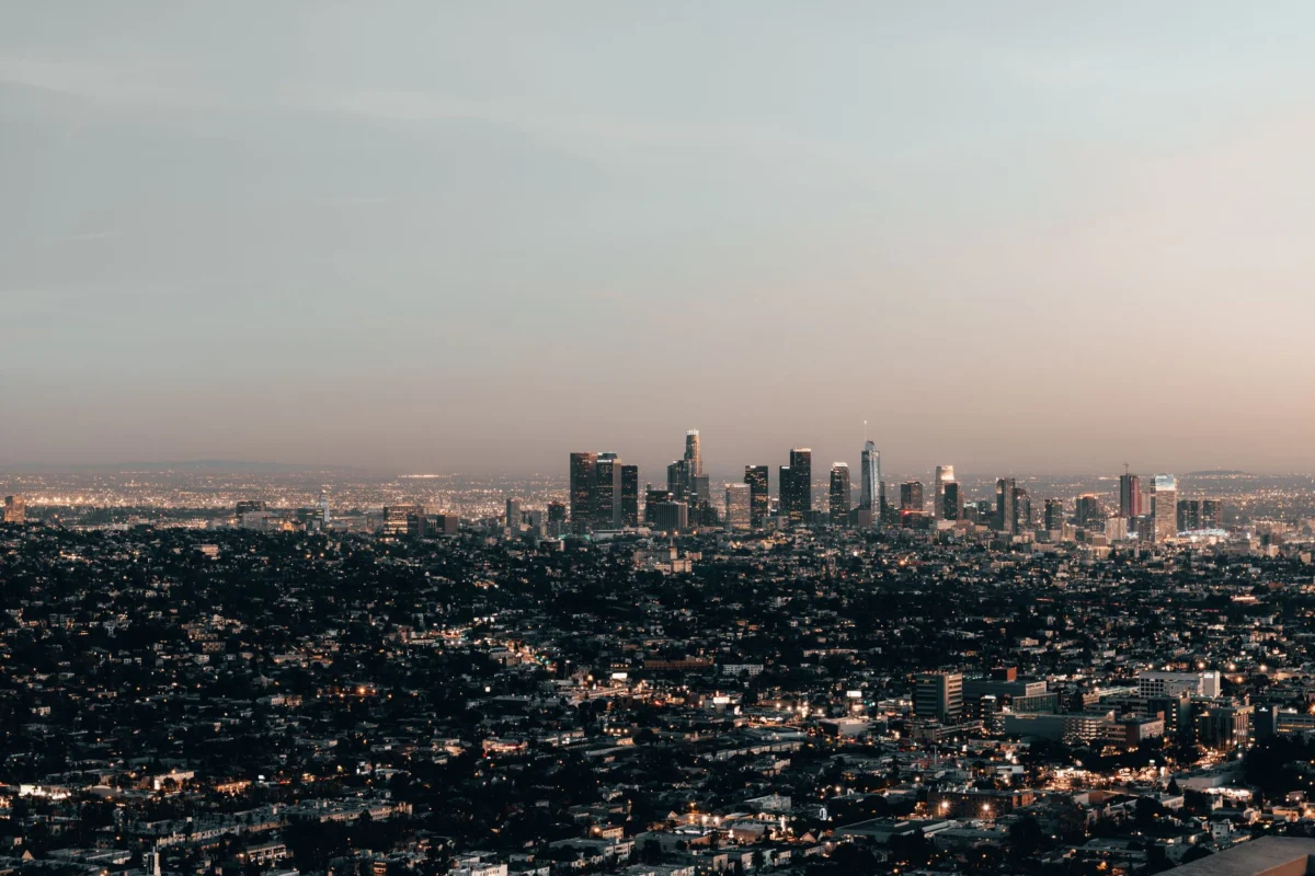 Stunning Los Angeles skyline at sunset featuring iconic buildings
