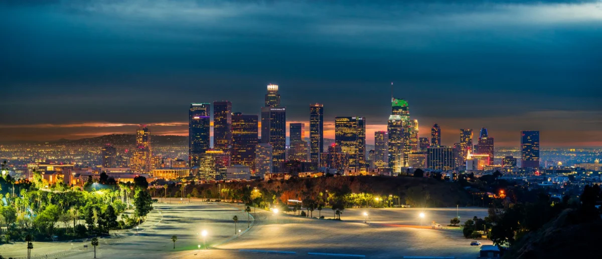 Romantic view of Los Angeles skyline at dusk
