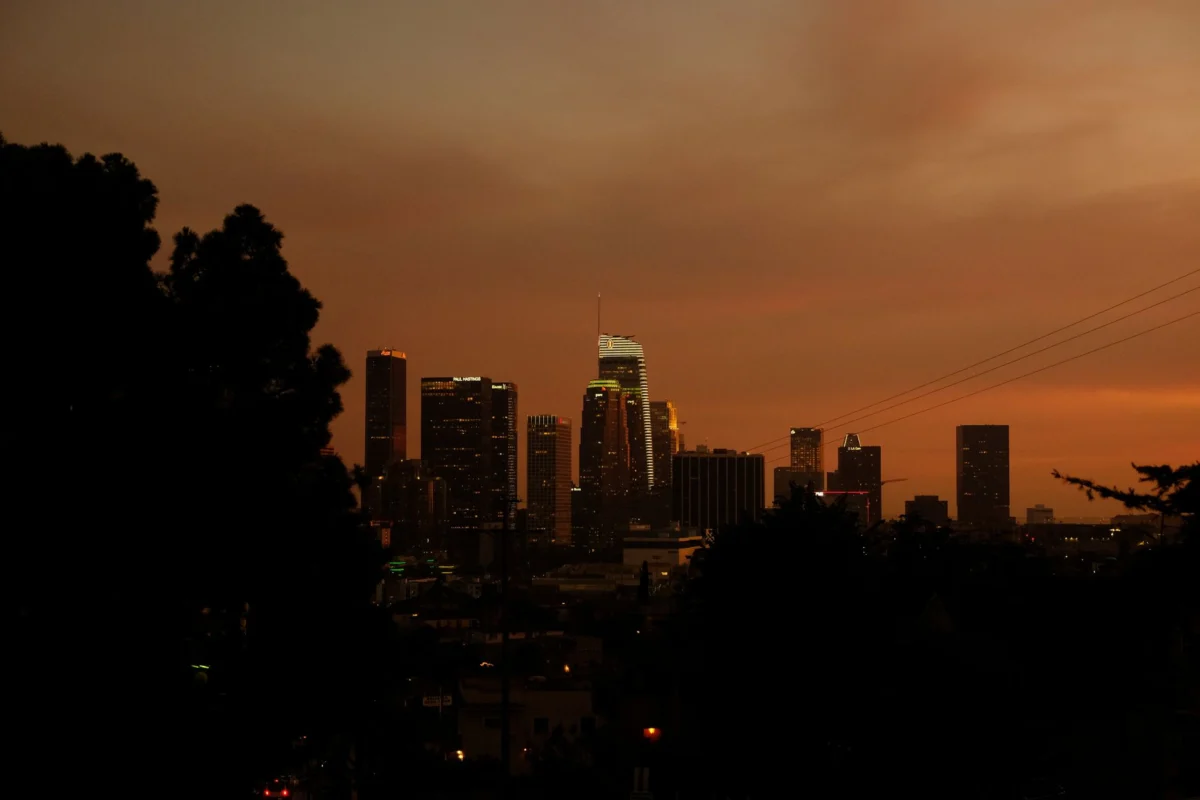 Panoramic view of the Los Angeles skyline at sunset