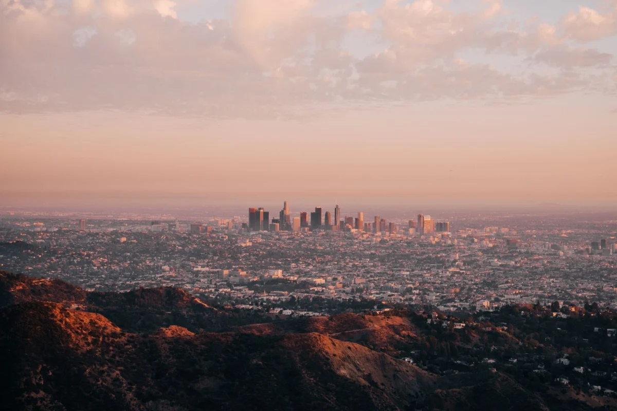 Sunset view of Los Angeles skyline capturing iconic cityscape