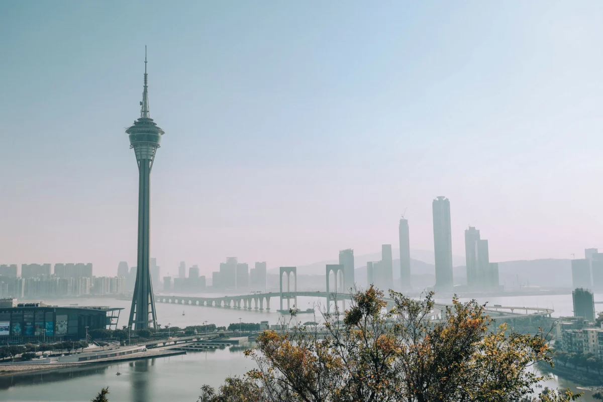 Macau's skyline with romantic waterfront view at sunset