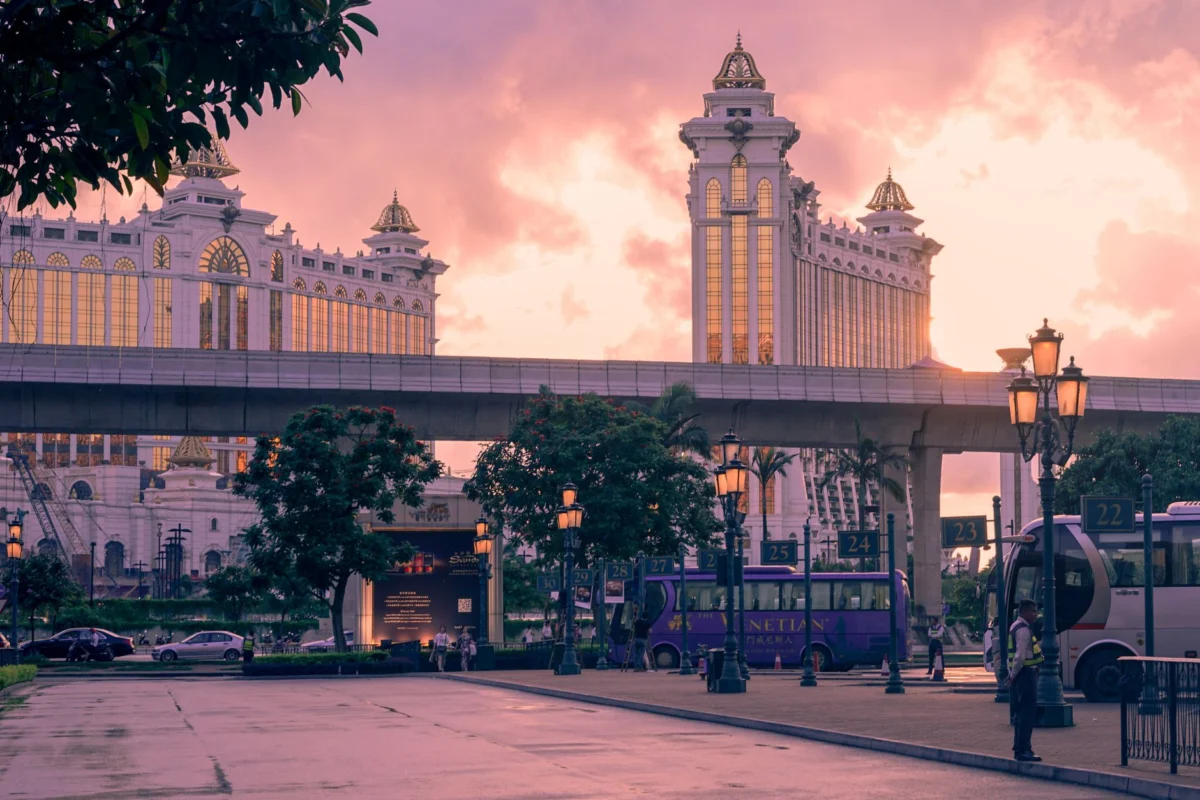 Macau skyline and waterfront views at sunset