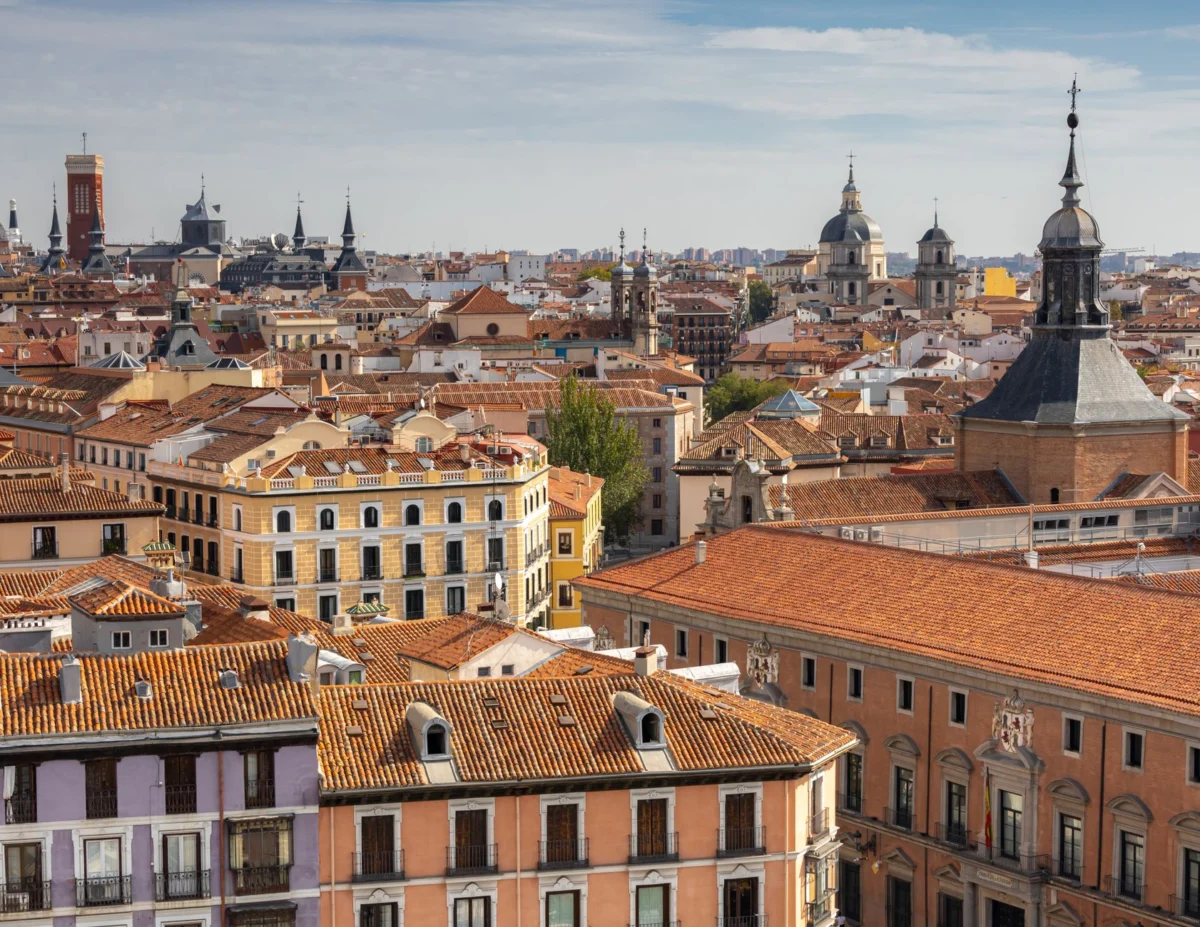 View of historic buildings and skyline in Madrid