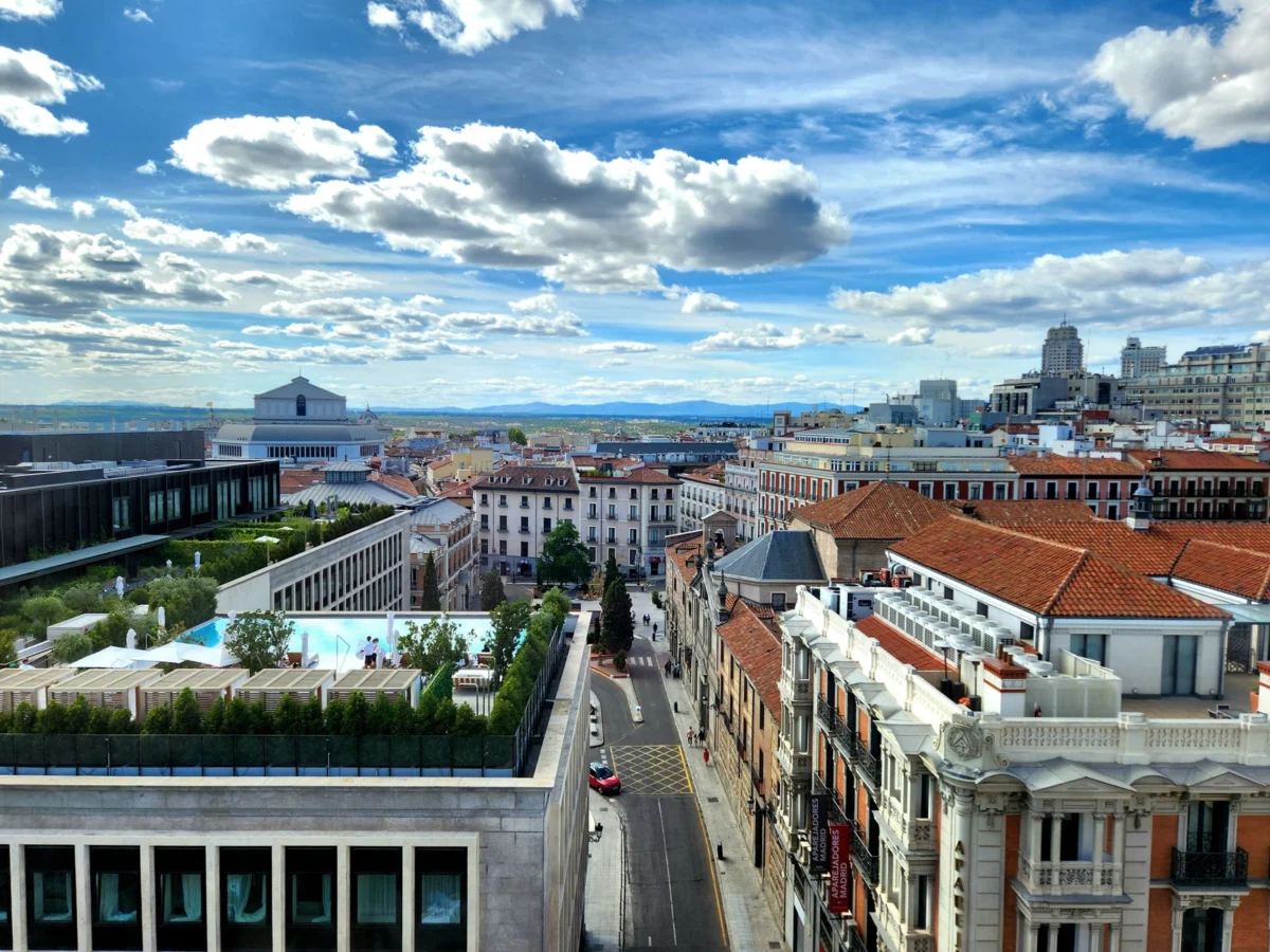 View of Madrid skyline from a romantic rooftop