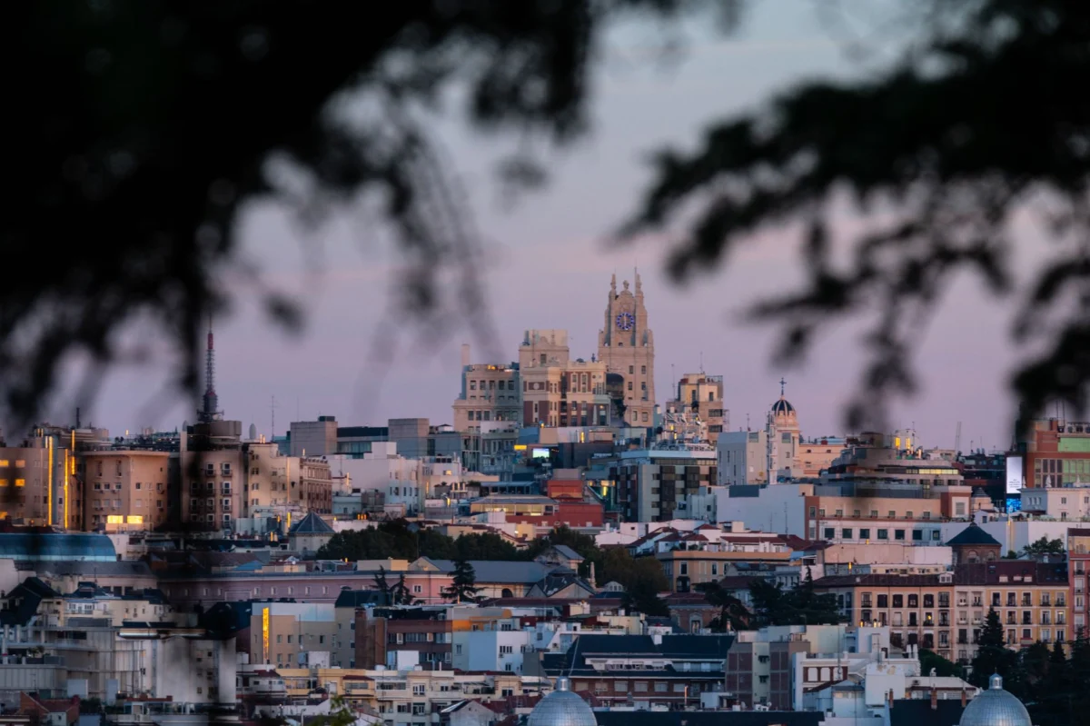 A romantic view of Madrid's skyline at sunset, perfect for couples