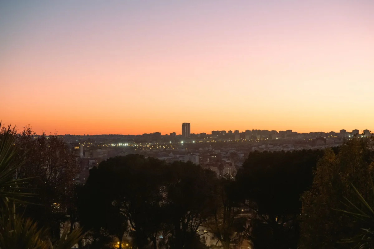Romantic view of Madrid skyline at sunset