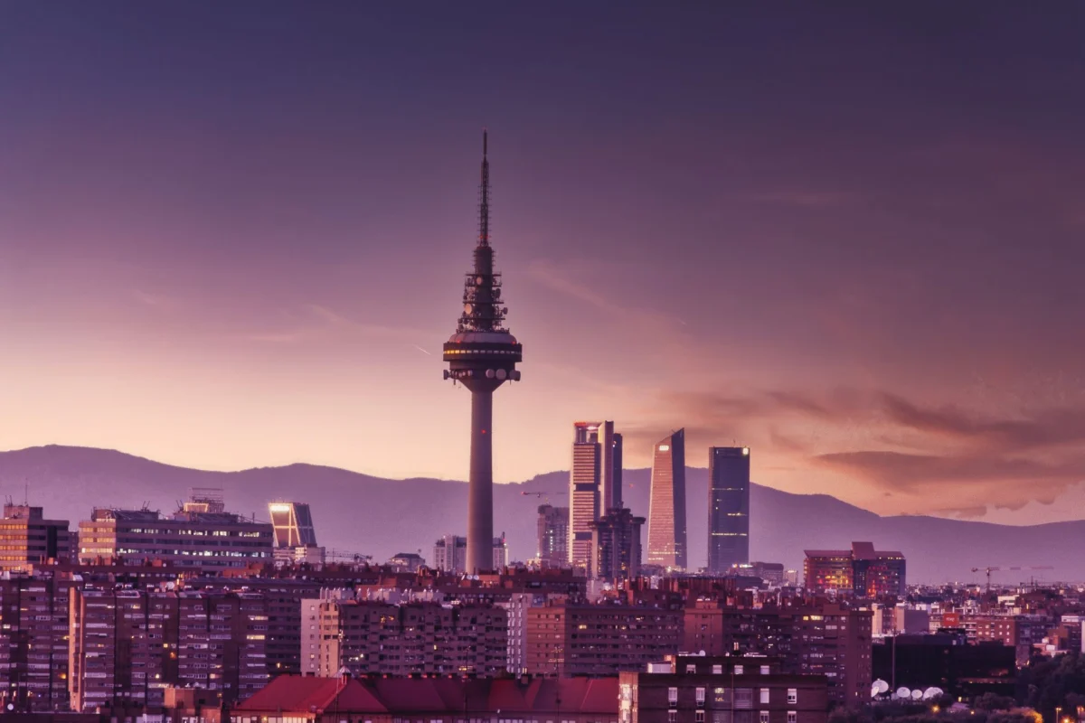Sunset over Madrid skyline highlighting iconic landmarks