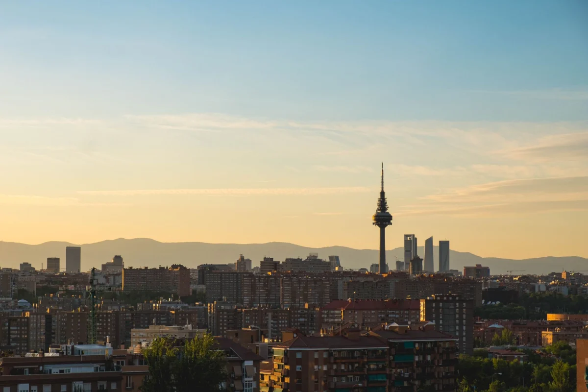 Beautiful sunset view of Madrid skyline with historic buildings