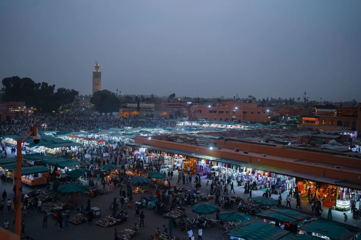 A breathtaking view of Marrakech's iconic mosque skyline at sunset