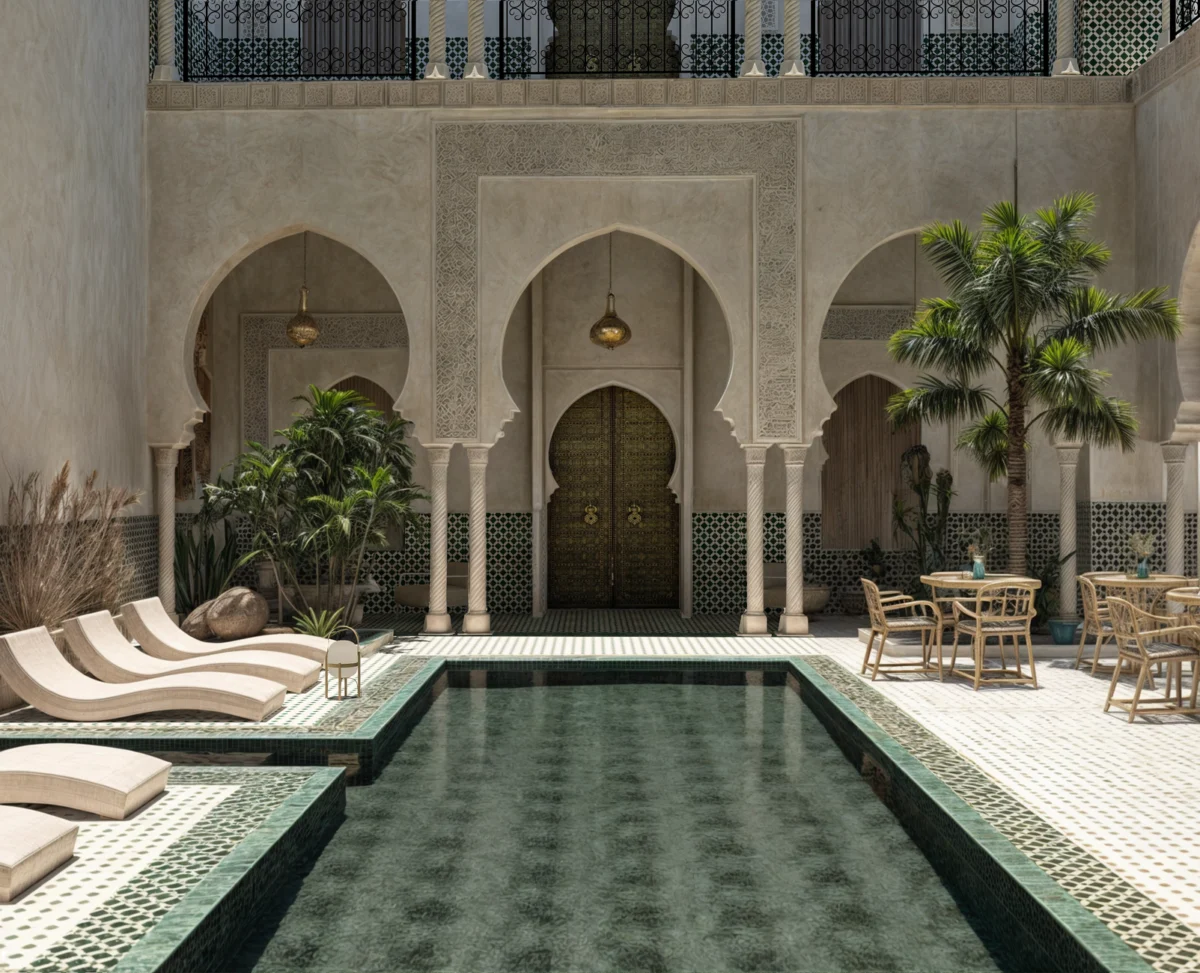 Twilight view of a romantic hotel room with a captivating Marrakech skyline