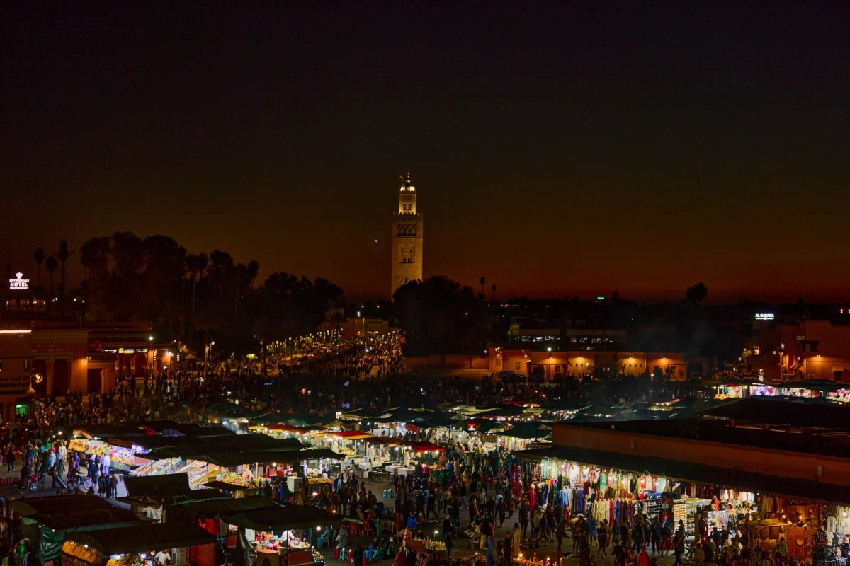 Romantic night view of Marrakech skyline with vibrant atmosphere