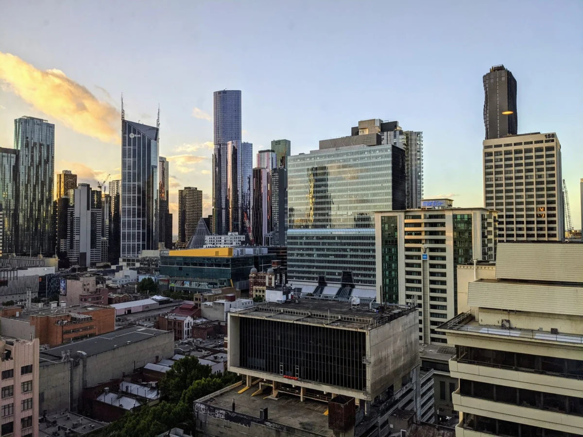 Sunset view of Melbourne skyline with romantic hues