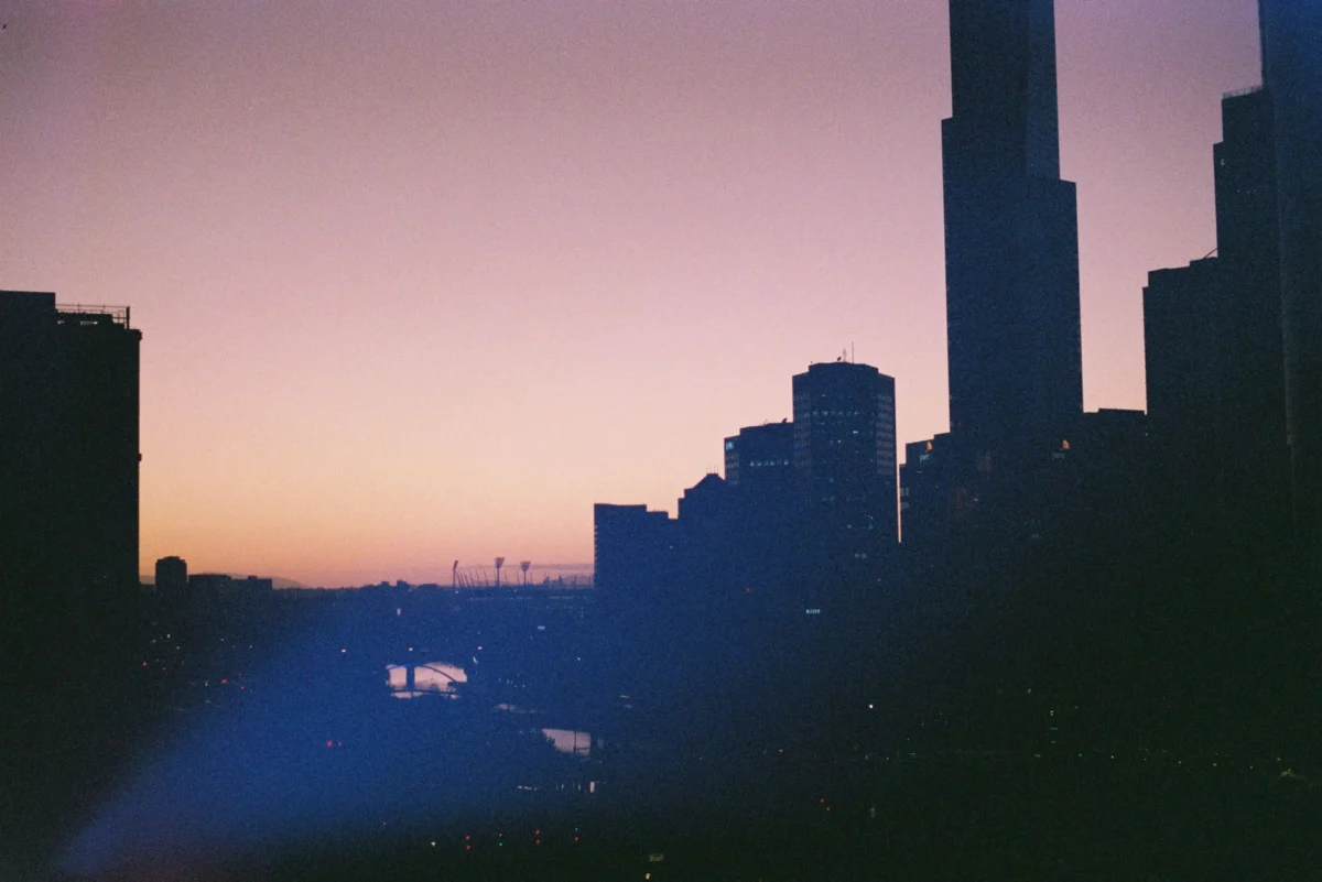Melbourne city skyline with iconic landmarks at dusk