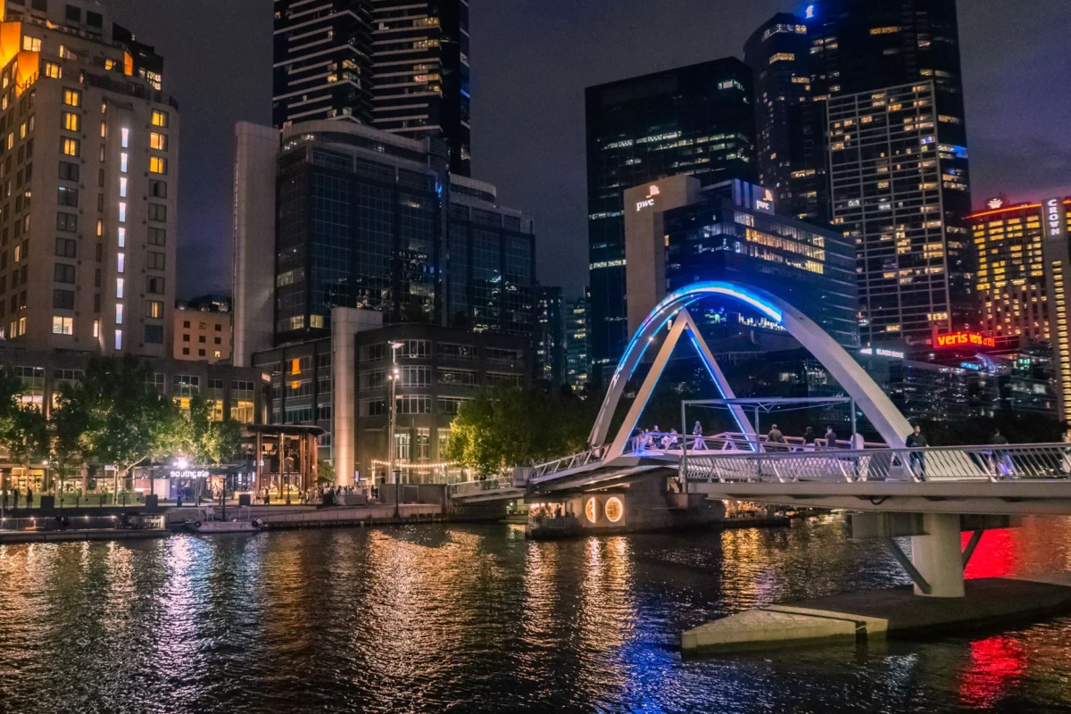 Melbourne skyline at night with lit skyscrapers