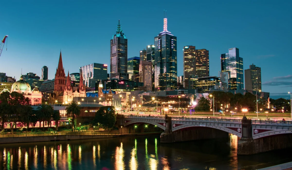 Melbourne city skyline at night showcasing vibrant nightlife