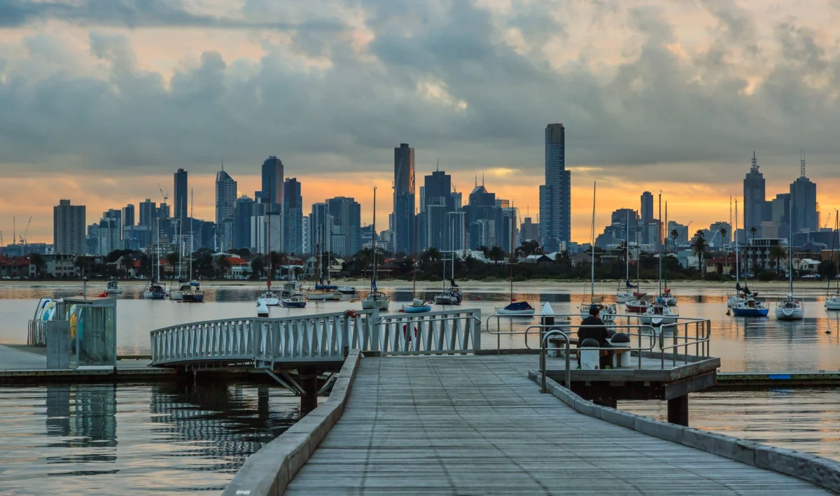 Melbourne city skyline at sunset featuring iconic buildings