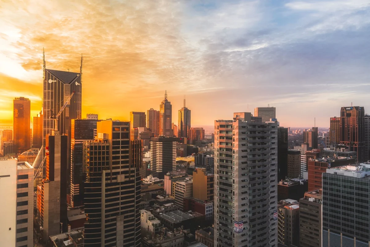 View of Melbourne skyline with sunset glow