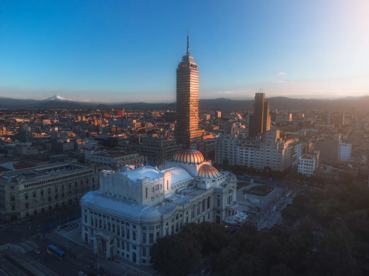 Panoramic view of Mexico City skyline at sunset