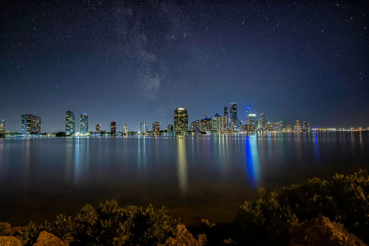 A stunning view of the Miami skyline at sunset with a romantic ambiance