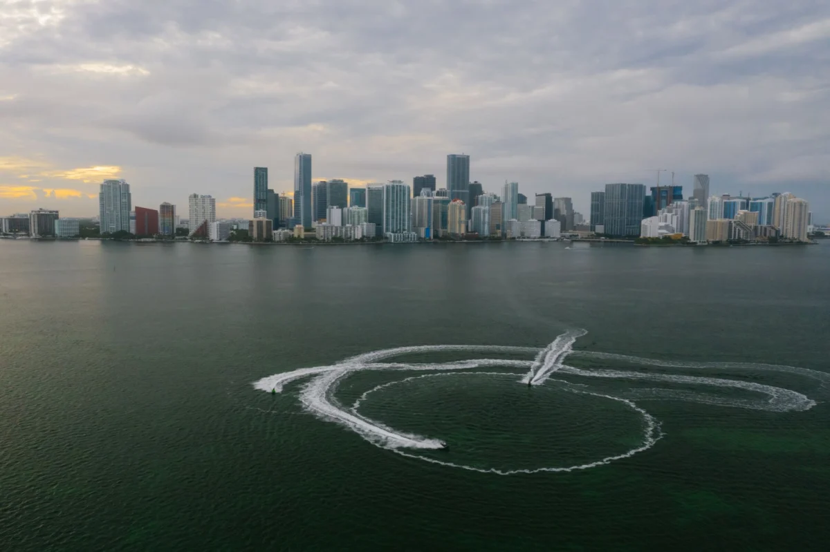 Romantic Miami skyline at sunset with iconic landmarks