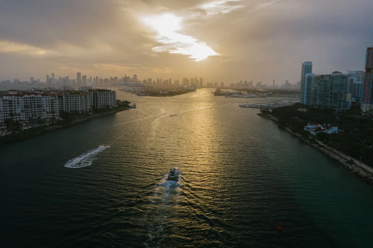 View of Miami skyline at sunset from scenic waterside