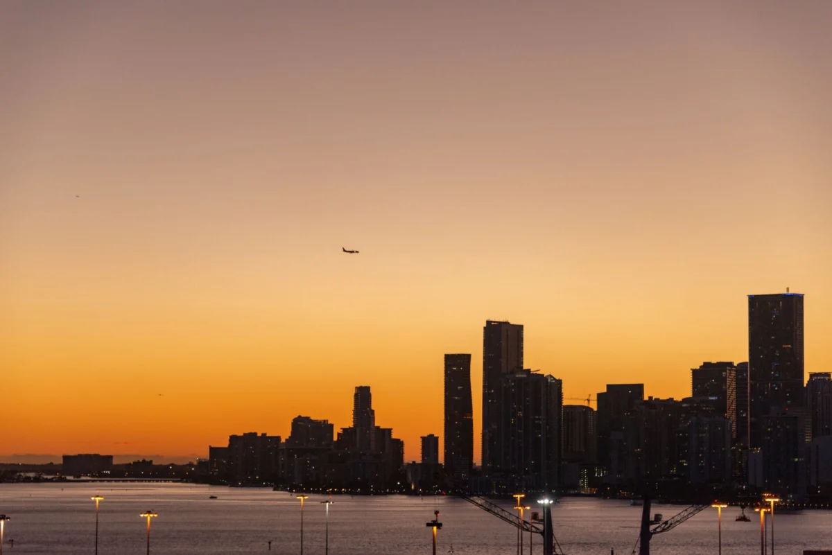 Romantic Miami skyline view at sunset over the city