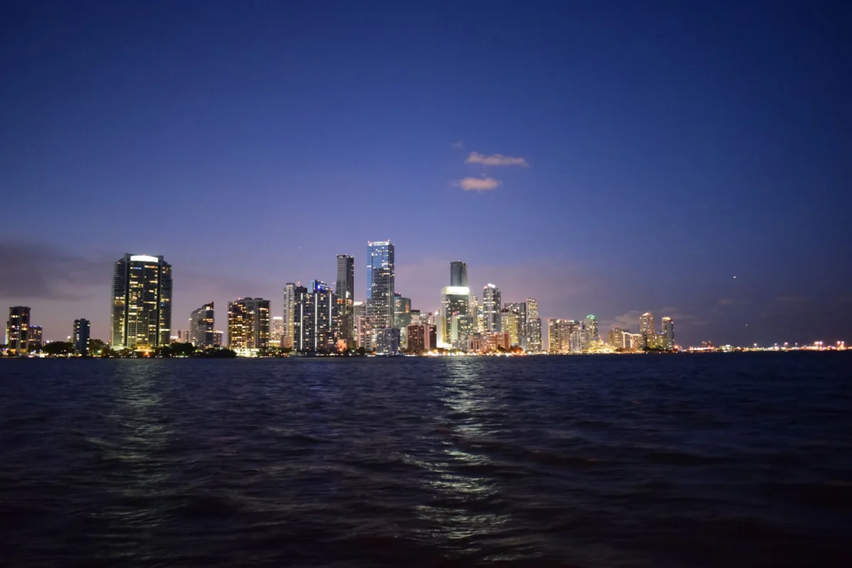 Romantic view of Miami skyline with illuminated buildings