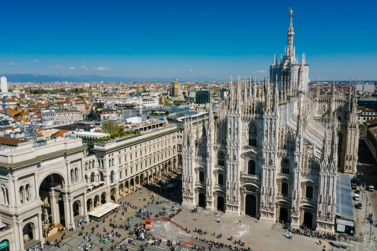 Romantic view of the Milan cathedral under the evening sky