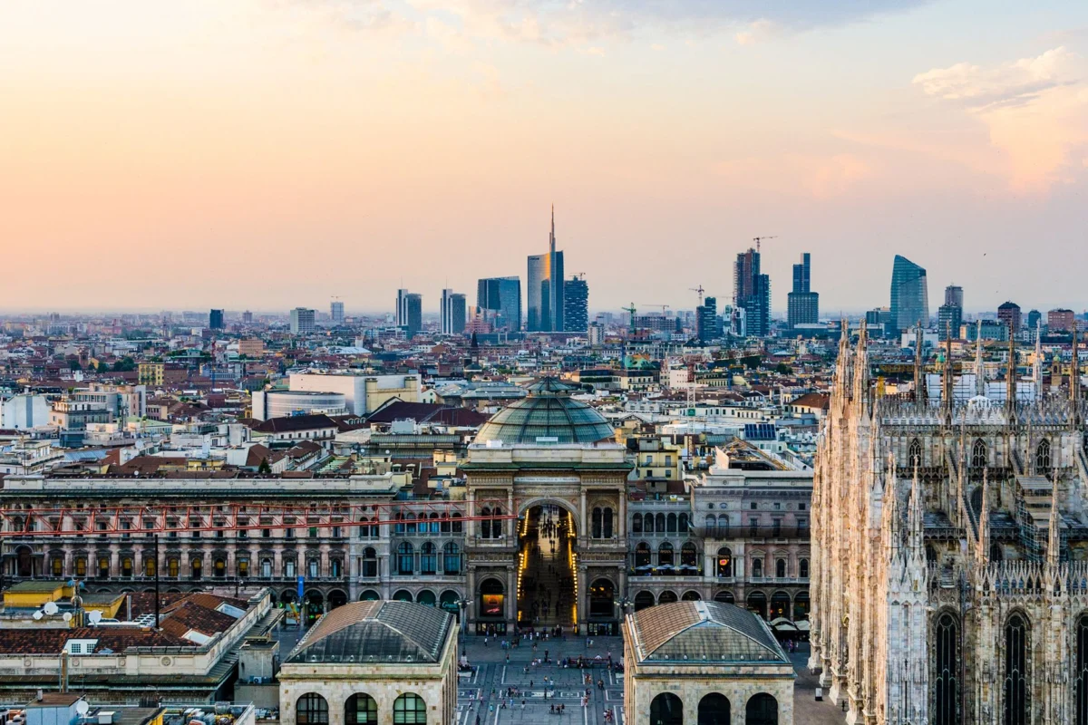 A picturesque view of Milan's skyline at sunset