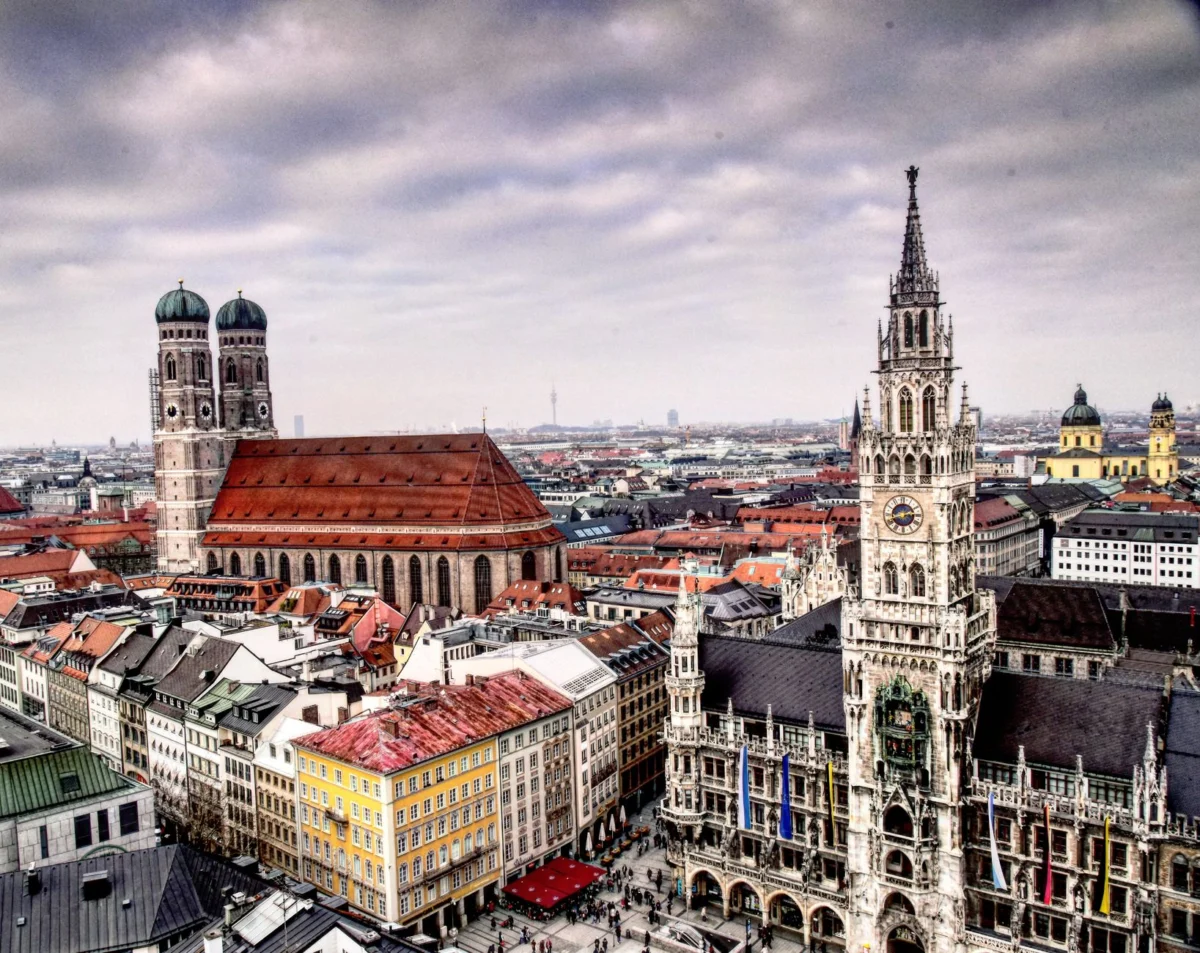 A panoramic view of Munich's Marienplatz with city skyline