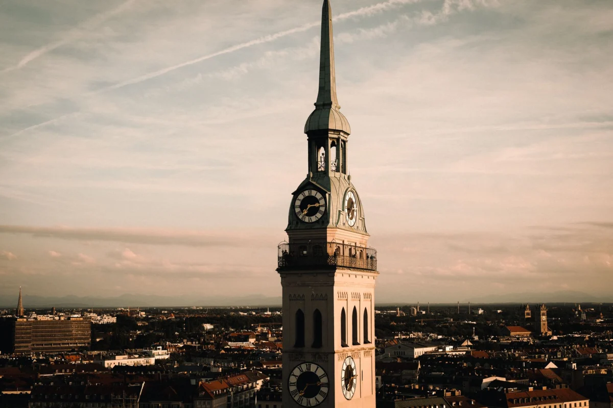 A romantic view of Munich's skyline during sunset