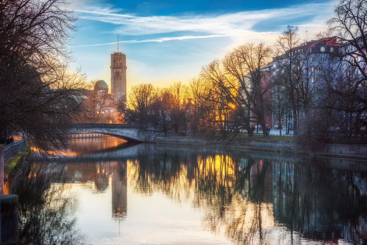 Romantic view of Munich's skyline at sunset for couples