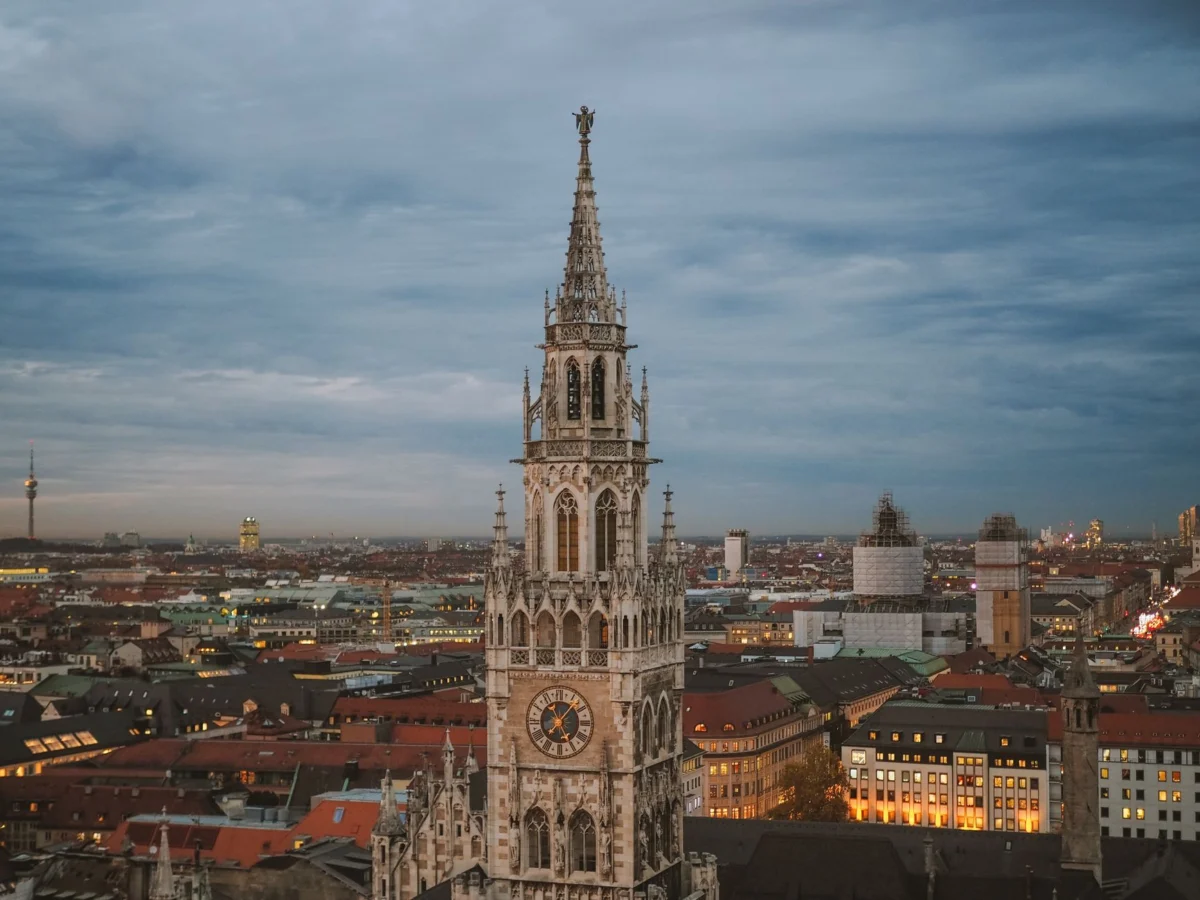Panoramic view of Munich skyline with romantic sunset